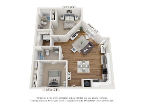 Floor plan for 2 beds, 2 baths, 1060 sqft